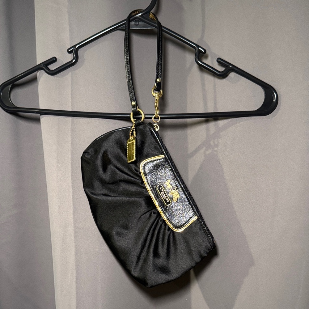 Coach Amanda Black Satin Wristlet with Gold Accents